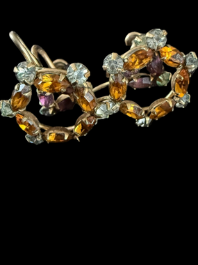 Vintage 12K Gold Filled Amber Rhinestone Floral Cluster Screw Back Earrings